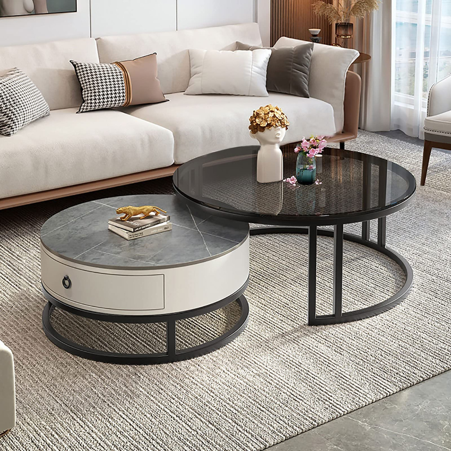 Coffee Table, Living Room Table, Round Coffee Table with Storage Space,  Sofa Side Table, Set of Tables, Coffee Table for Living Room, Bedroom, Sofa