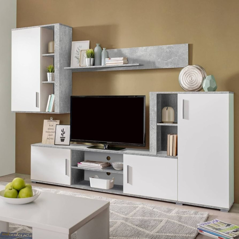 Homestyleu , Wohnwand Wohnzimmer Modern Betonoptik Weiß Grau  Wohnzimmer Möbel Schrankwand Anbauwand Komplett-Set